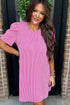 Corded Knit Crew Neck Puff Sleeve Shift Mini Dress